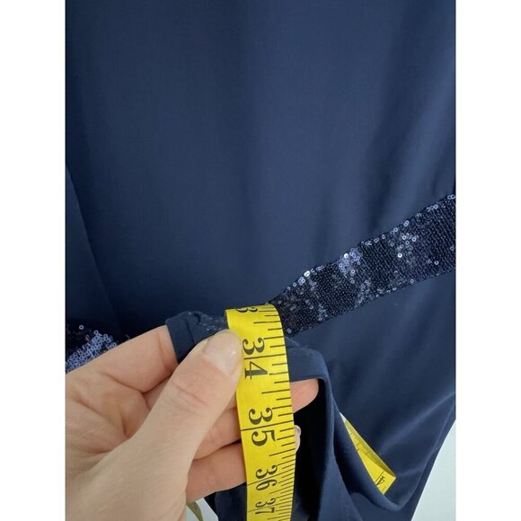 Xscape Capelet Mini Dress Navy Blue Sequin Trim Sheath Sheer Cape Sz 10 - Picture 7 of 12
